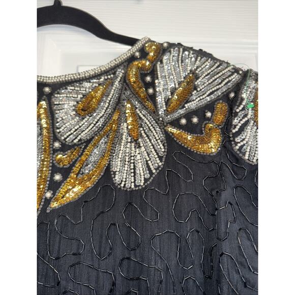 Vintage Lawrence Kazar Sz L Beaded Silk Top Black Gold Silver Embellished Party - Picture 2 of 11